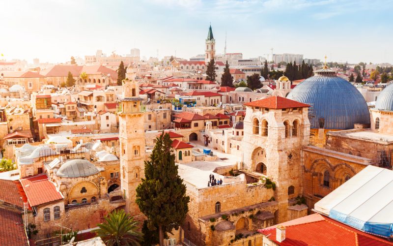 Old City of Jerusalem with the aerial view. View of the Church of the Holy Sepulchre, Israel.