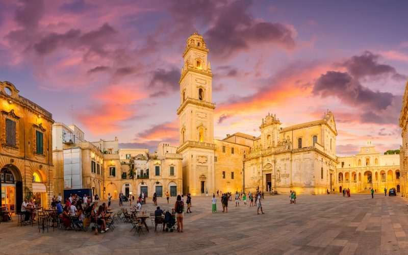 LECCE, ITALY - JULY 20, 2022: Piazza del Duomo square at twilight time, Puglia region, southern Italy