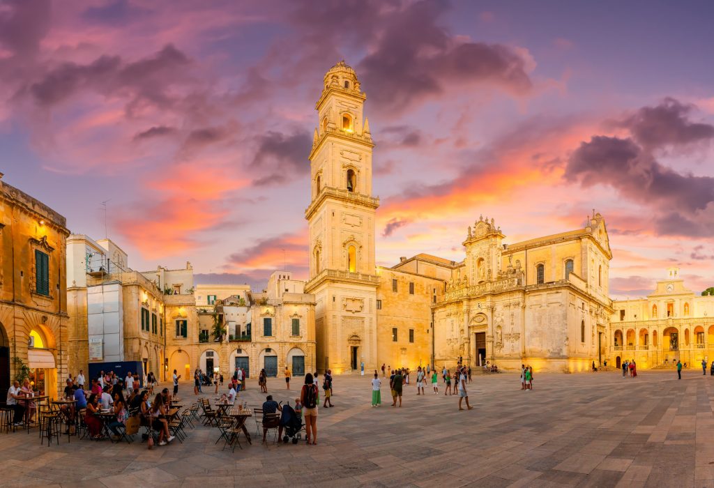 LECCE, ITALY - JULY 20, 2022: Piazza del Duomo square at twilight time, Puglia region, southern Italy